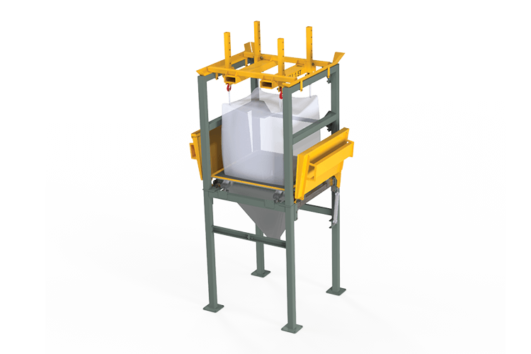 Disposable bulk bag discharger fibc held in place frame